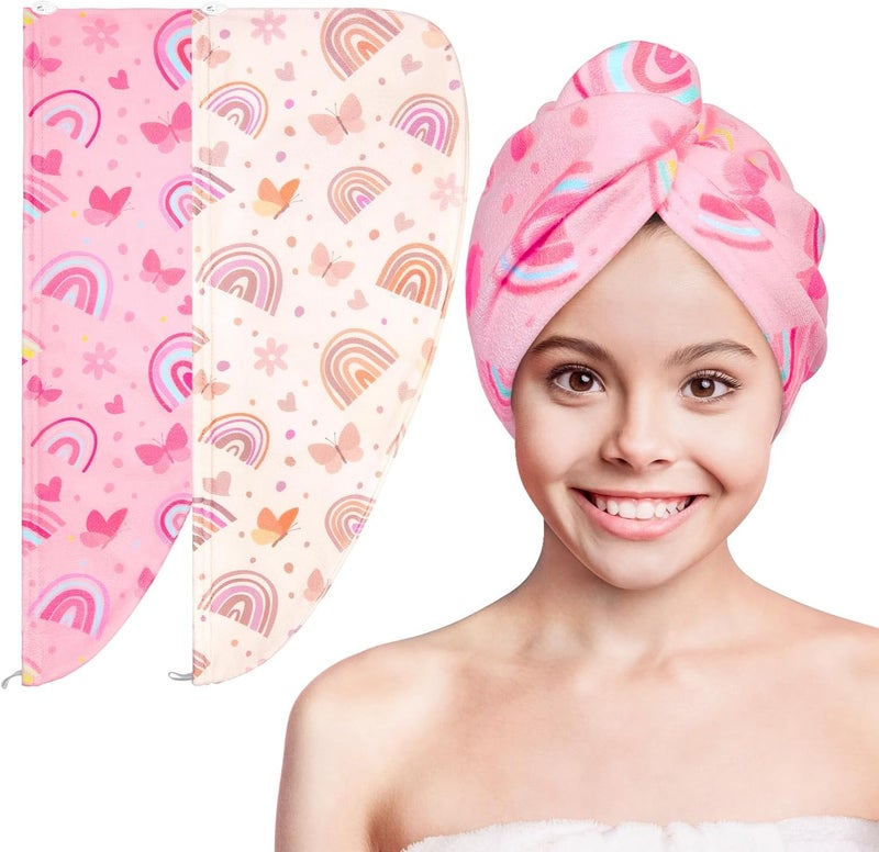 Basumee Microfiber Hair Towel Wrap for Kids 2 Pack Rapid Drying Hair Towel with Button Hair Turbans for Wet Hair Wraps Head Towel Wrap for Women and Girls - Image 1